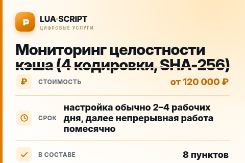 Мониторинг целостности кэша (4 кодировки, SHA-256) — цена, срок и состав услуги