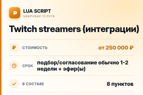 Twitch streamers (интеграции) — цена, срок и состав услуги
