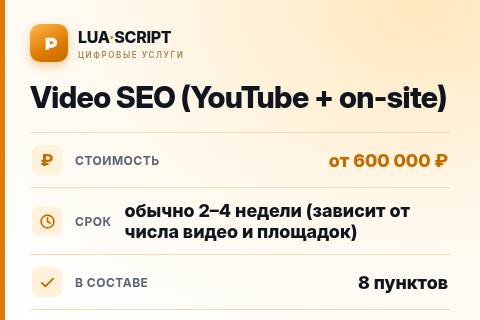 Video SEO (YouTube + on-site) — цена, срок и состав услуги